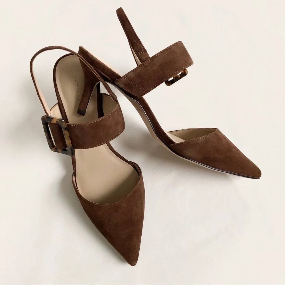 Ann Taylor Brown Suede Pointed Toe Slingback Heels with Buckle - Picture 2 of 7
